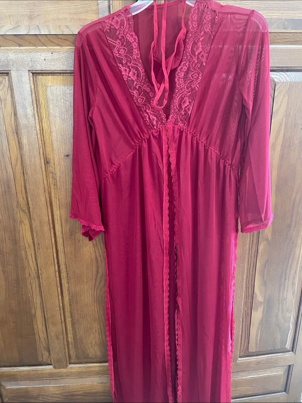 Sheer Lace-Trim Red/Burgundy Robe w matching thong Sz.XL/L NWOT long sleeve